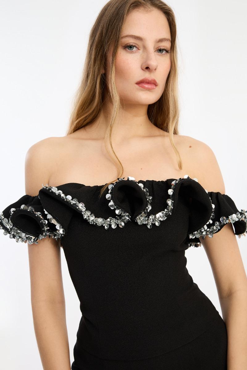 Rotate Birger Christensen Crepe Ruffle Top Black