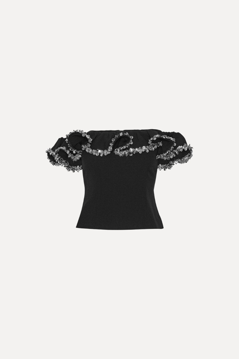 Rotate Birger Christensen Crepe Ruffle Top Black