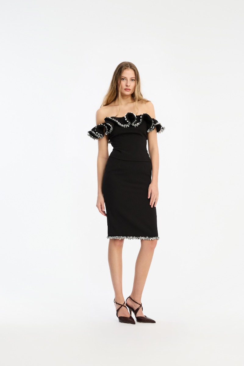 rotate birger christensen Crepe Ruffle Top Black