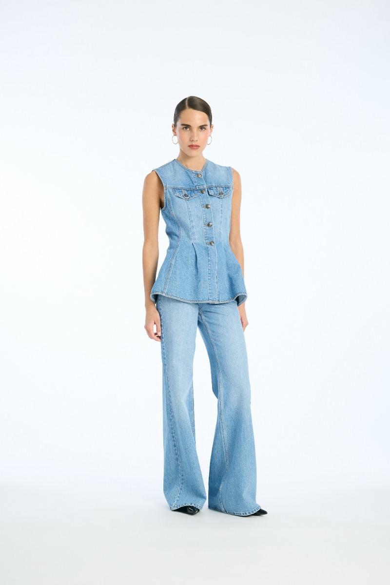 rotate birger christensen Flared Denim Top Blue