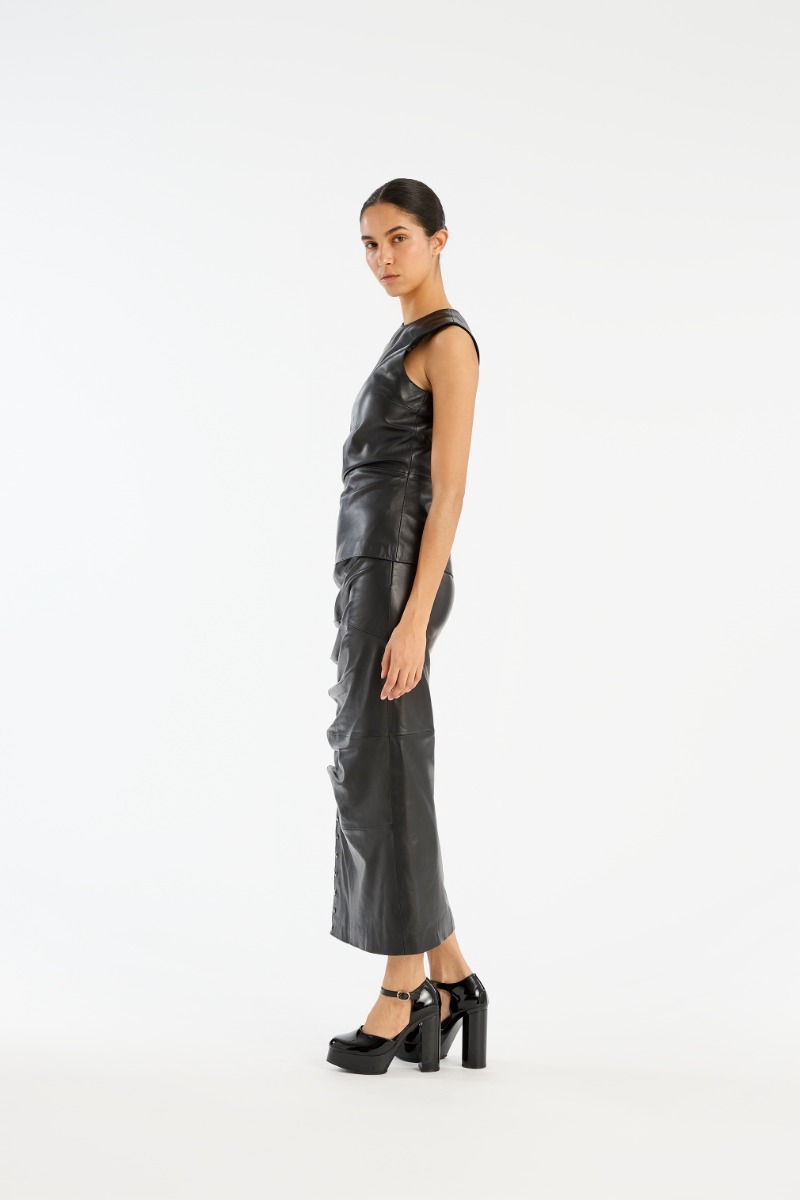 Rotate Birger Christensen Midi Leather Skirt Black
