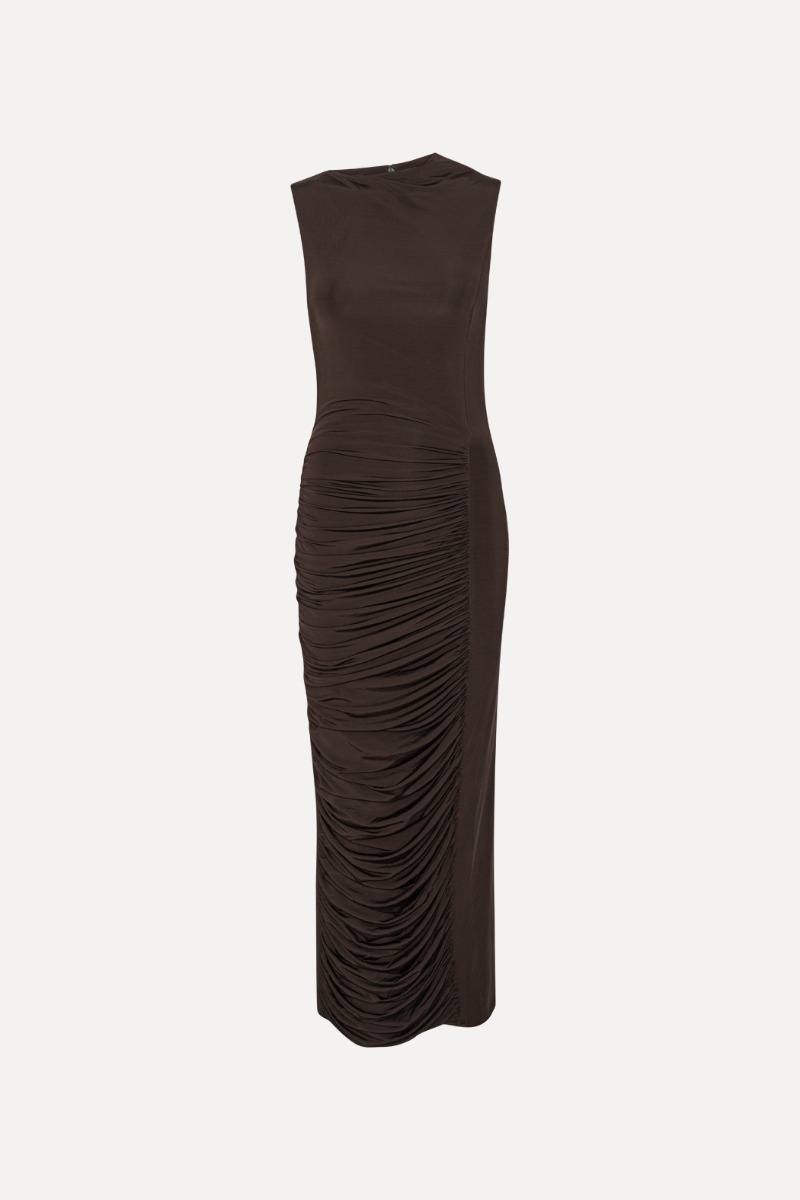 Rotate Birger Christensen Ruched Midi Dress Dark Brown
