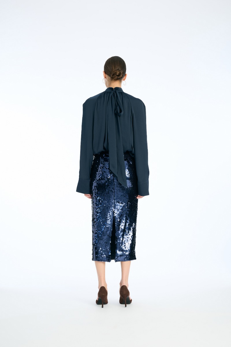 Rotate Birger Christensen Satin Bow Shirt Dark Blue