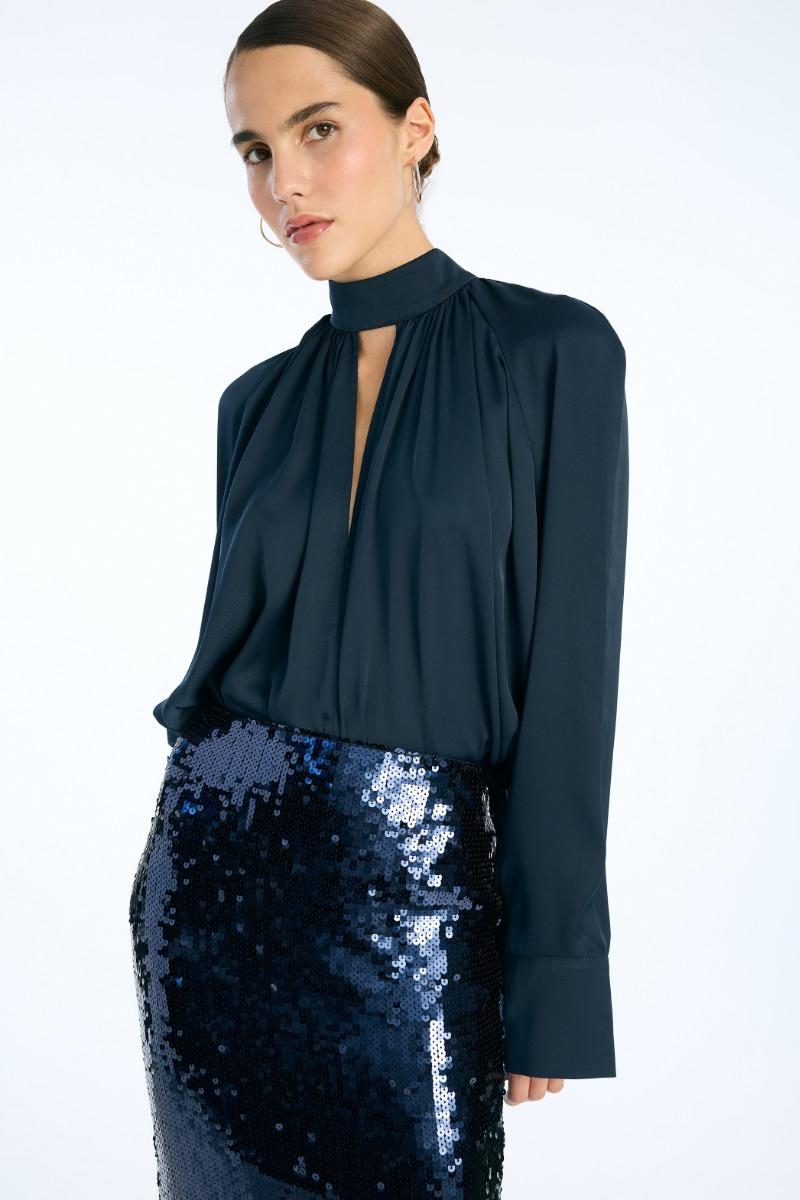 Rotate Birger Christensen Satin Bow Shirt Dark Blue