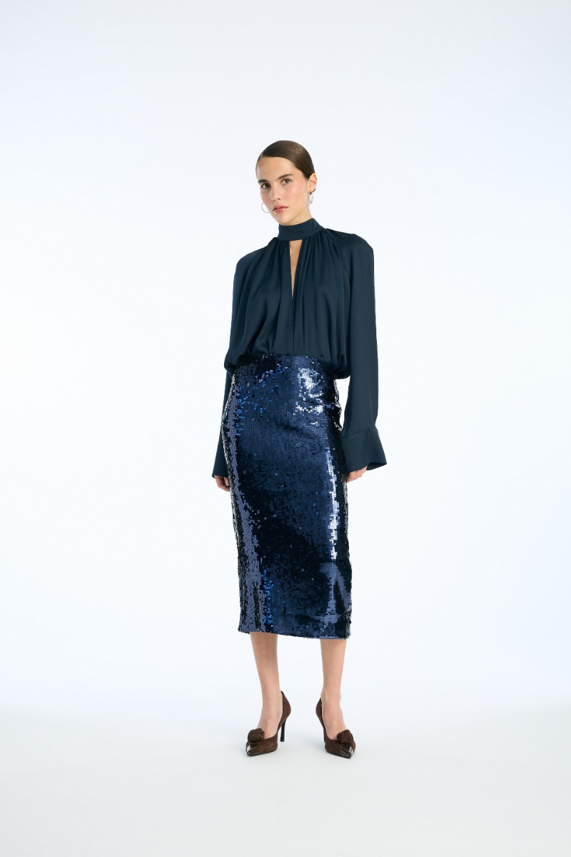 rotate birger christensen Satin Bow Shirt Dark Blue