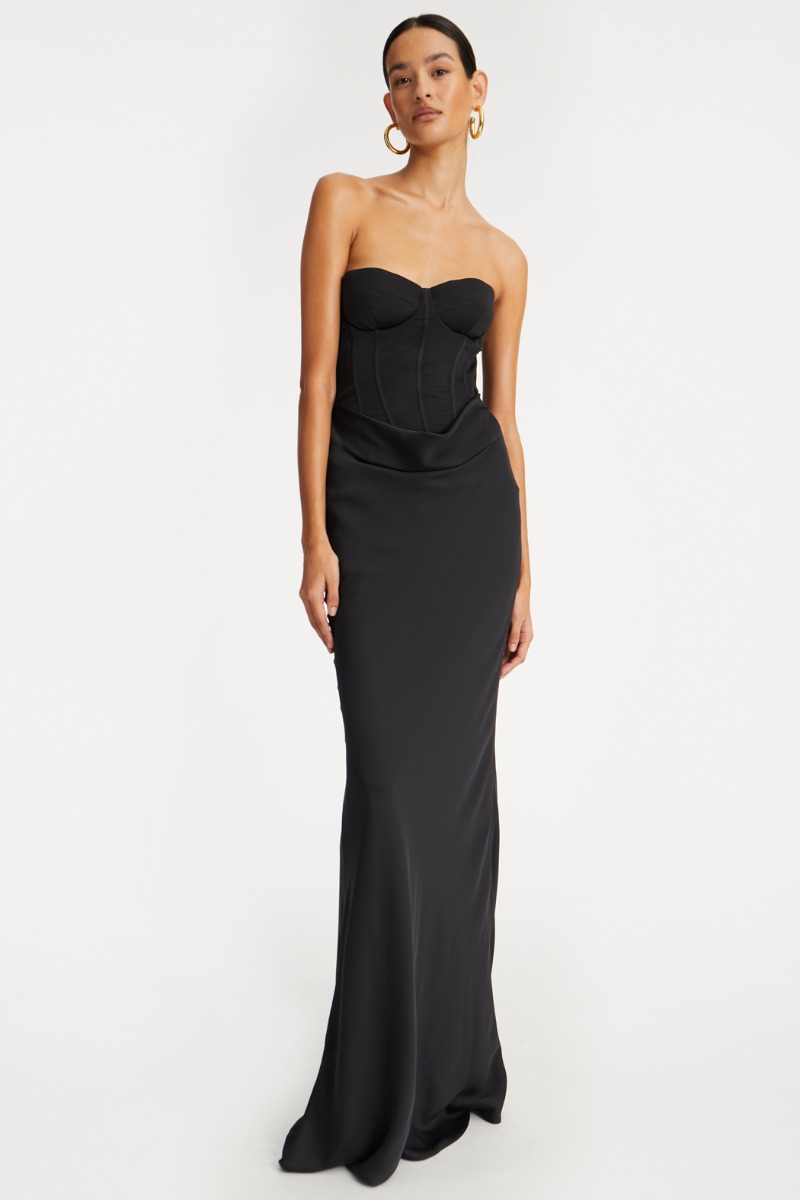 Rotate Birger Christensen Satin Corset Maxi Dress Black