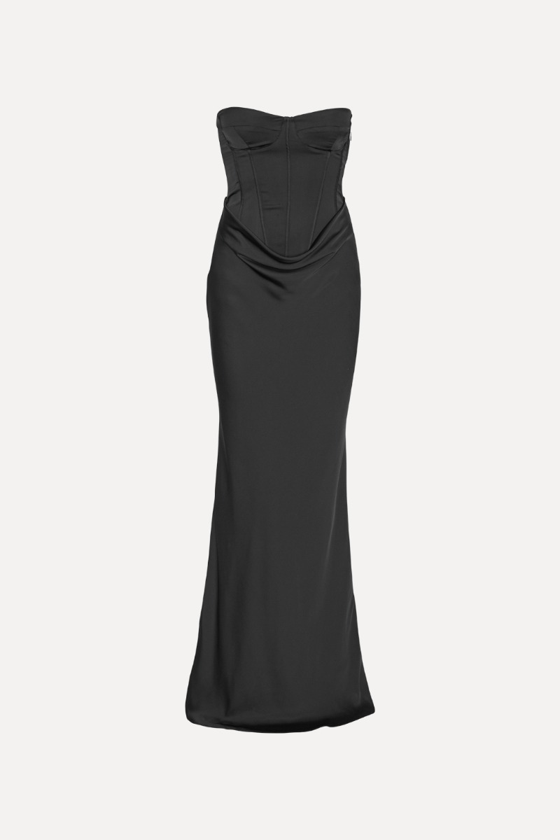 Rotate Birger Christensen Satin Corset Maxi Dress Black