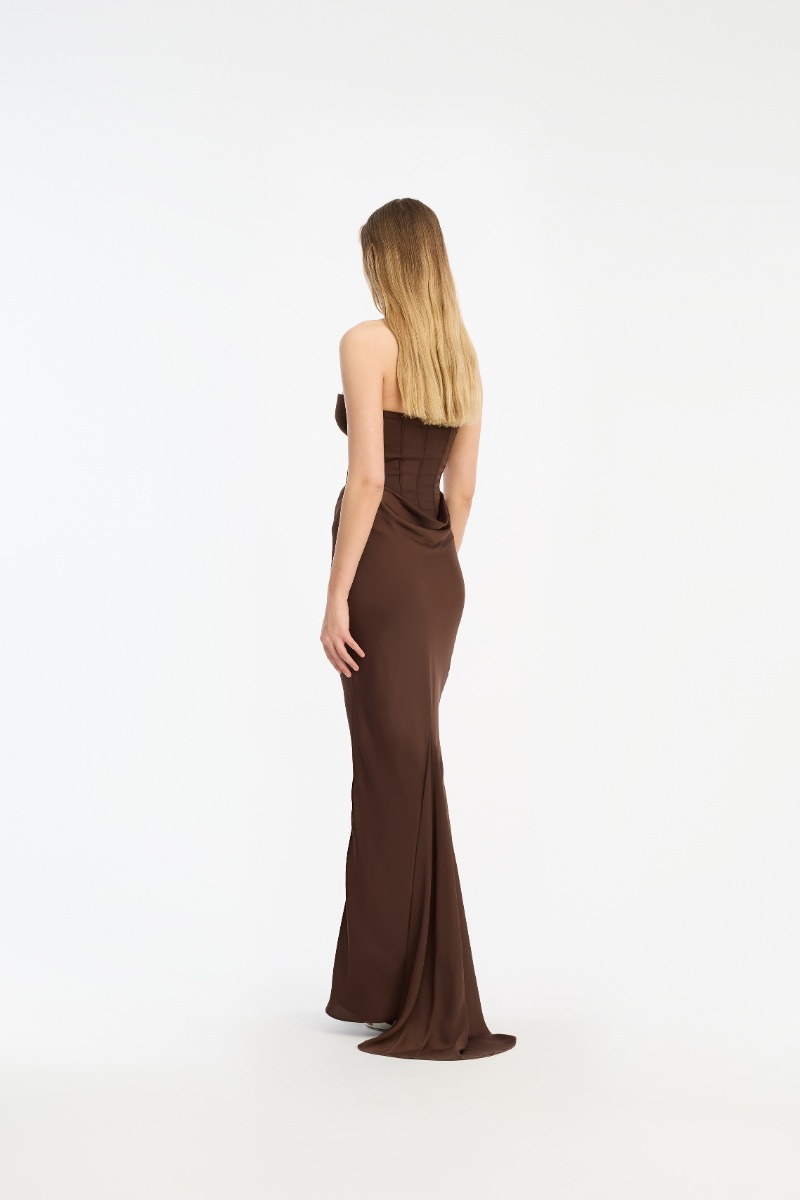 Rotate Birger Christensen Satin Corset Maxi Dress Dark Brown