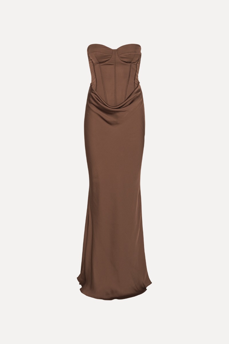 Rotate Birger Christensen Satin Corset Maxi Dress Dark Brown