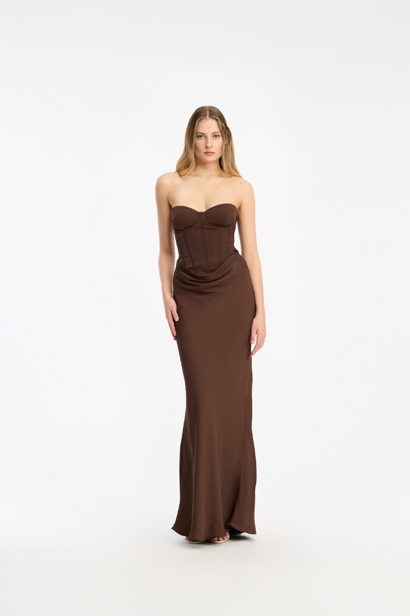 rotate birger christensen Satin Corset Maxi Dress Dark Brown