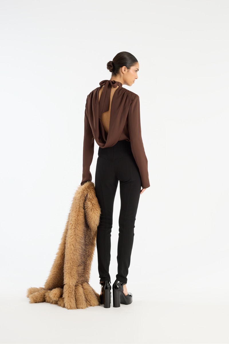 Rotate Birger Christensen Satin Drapy Back Top Dark Brown