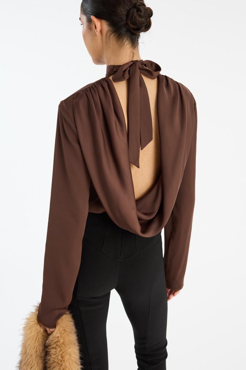 Rotate Birger Christensen Satin Drapy Back Top Dark Brown
