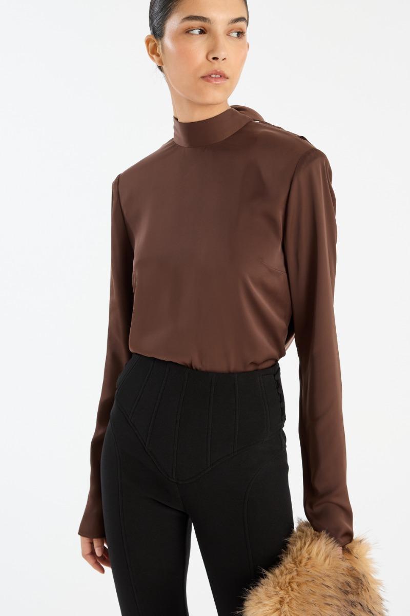 Rotate Birger Christensen Satin Drapy Back Top Dark Brown