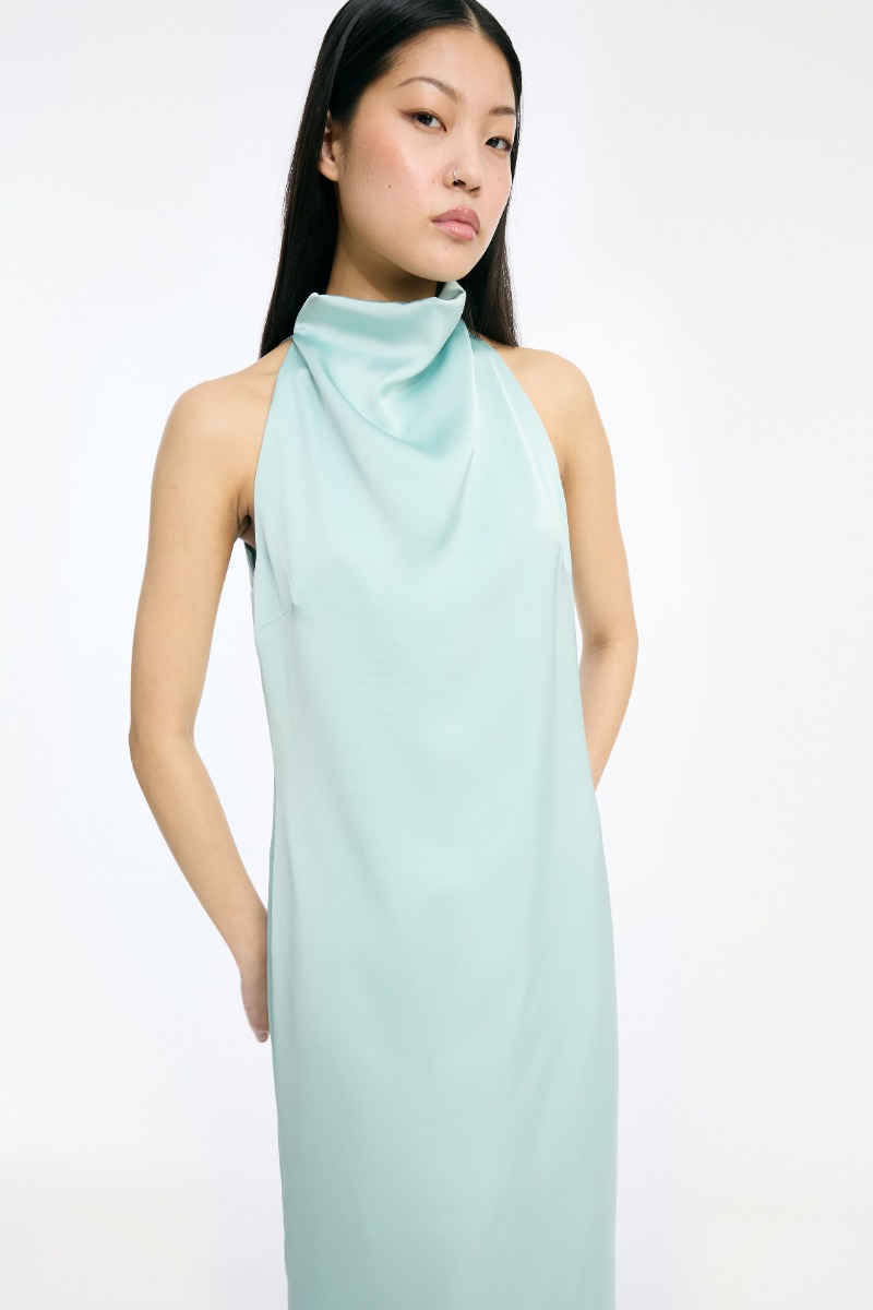 Rotate Birger Christensen Satin Halterneck Dress Dusty Blue