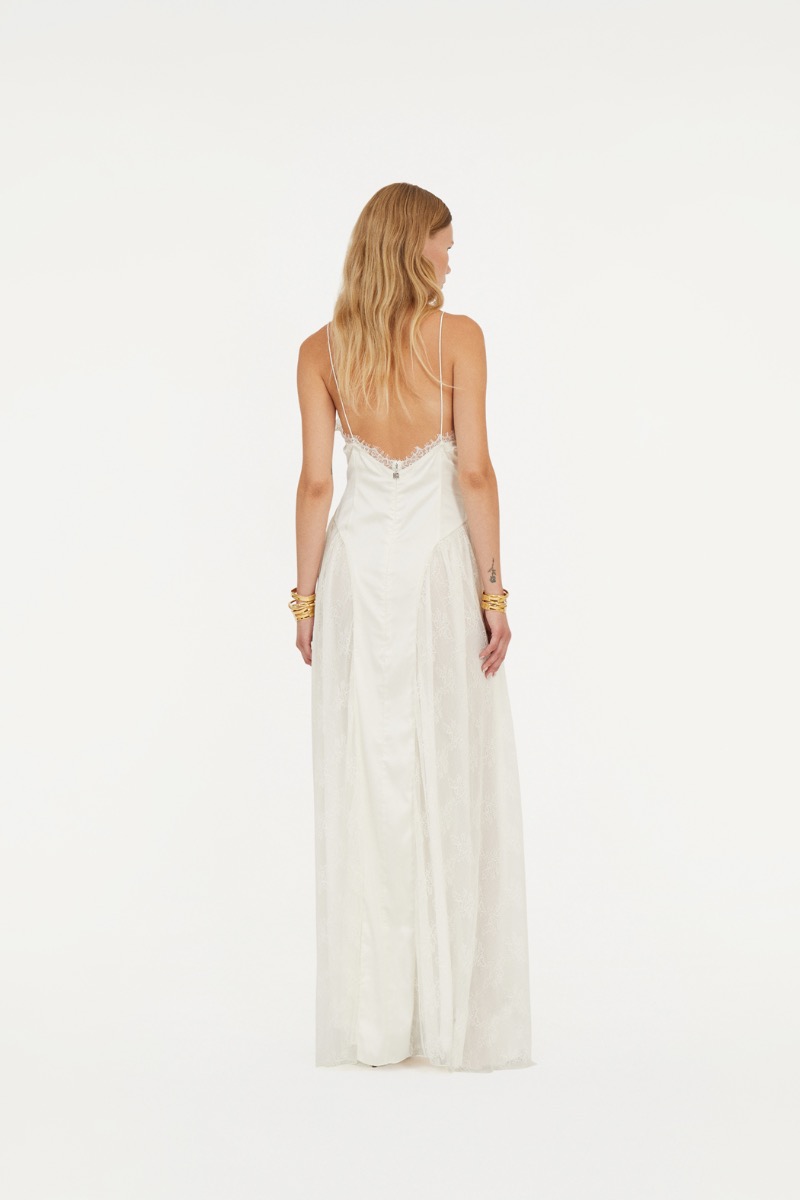 Rotate Birger Christensen Satin Lace Maxi Dress White