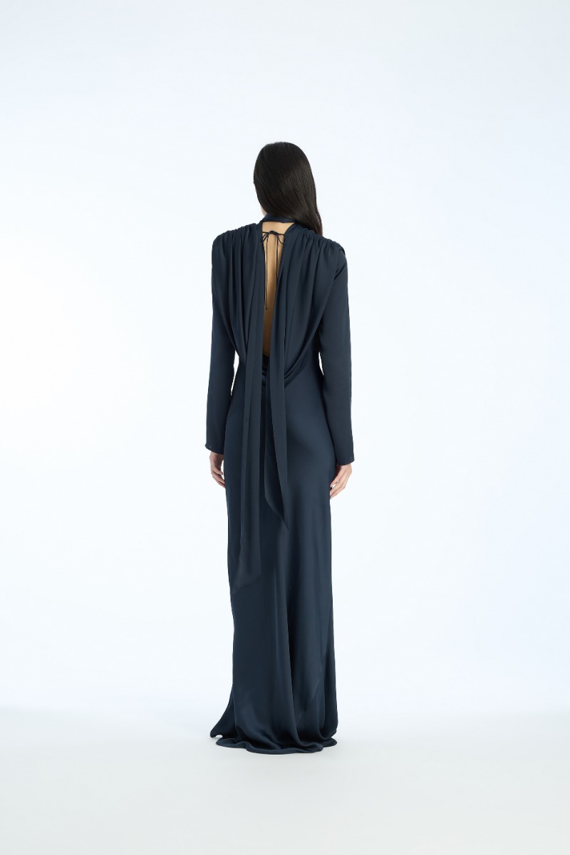Rotate Birger Christensen Satin Maxi Drapy Dress Dark Blue