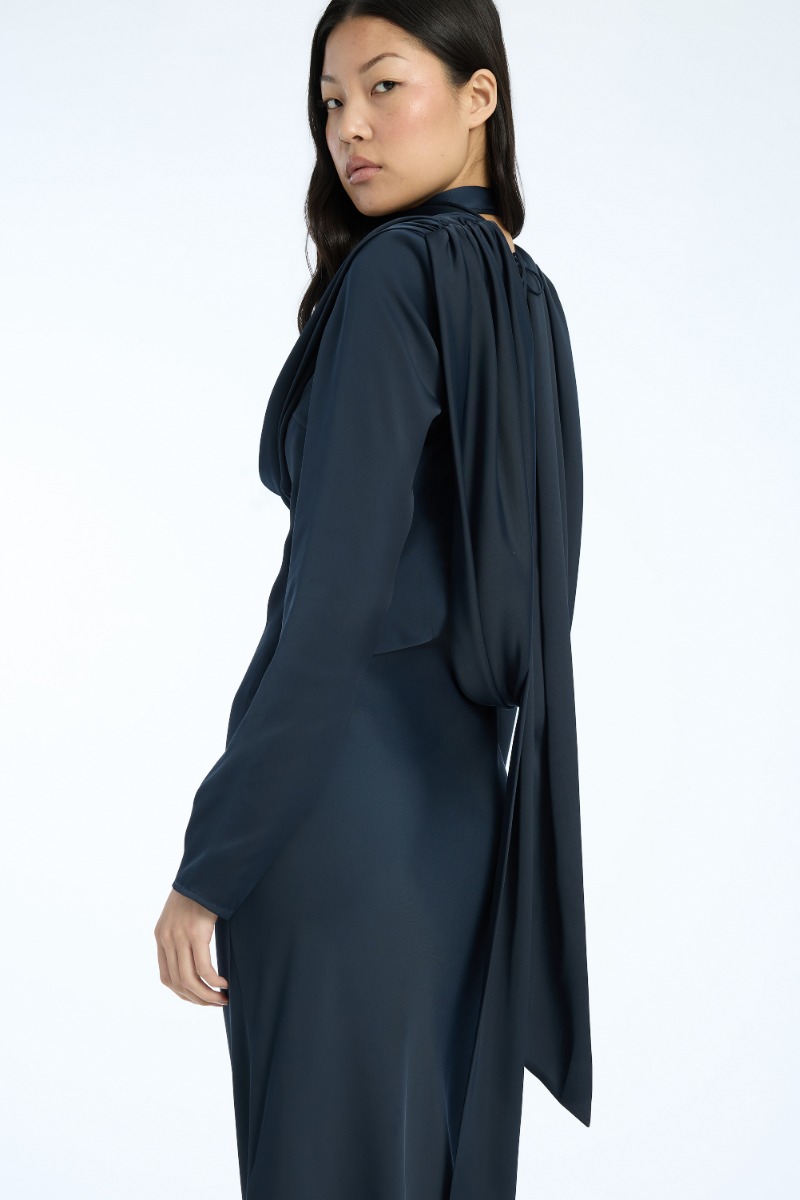 Rotate Birger Christensen Satin Maxi Drapy Dress Dark Blue