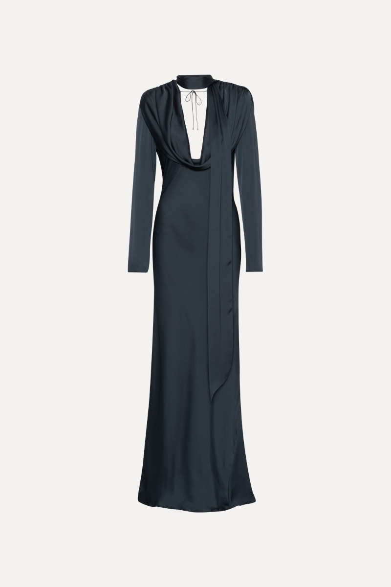 Rotate Birger Christensen Satin Maxi Drapy Dress Dark Blue