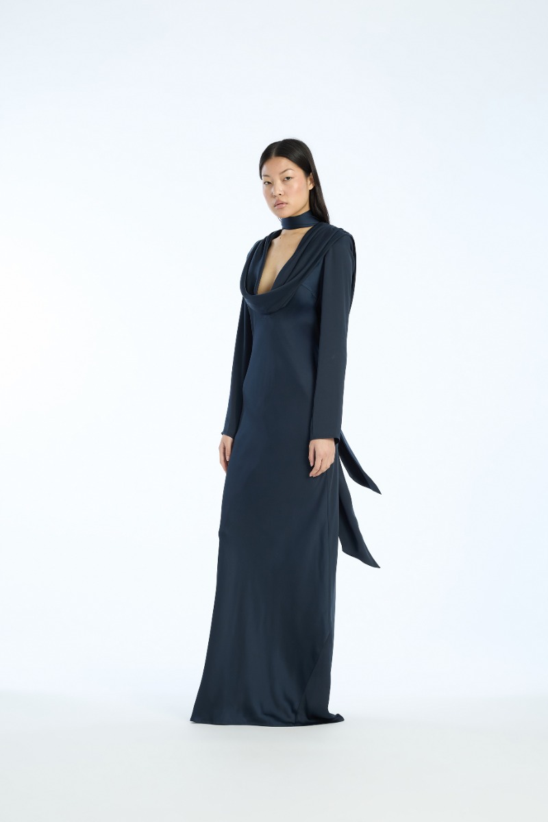 rotate birger christensen Satin Maxi Drapy Dress Dark Blue