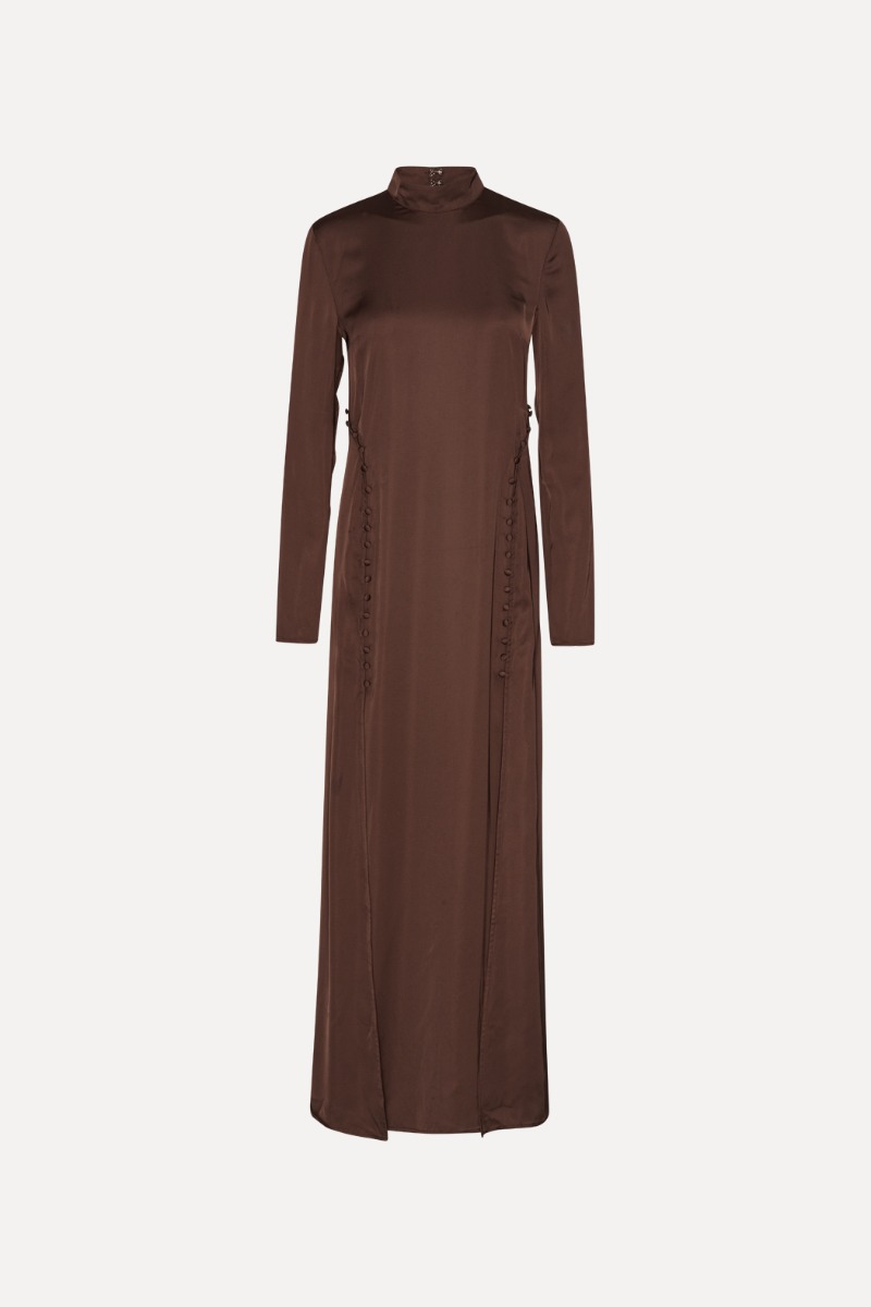 Rotate Birger Christensen Satin Maxi Ls Dress Dark Brown