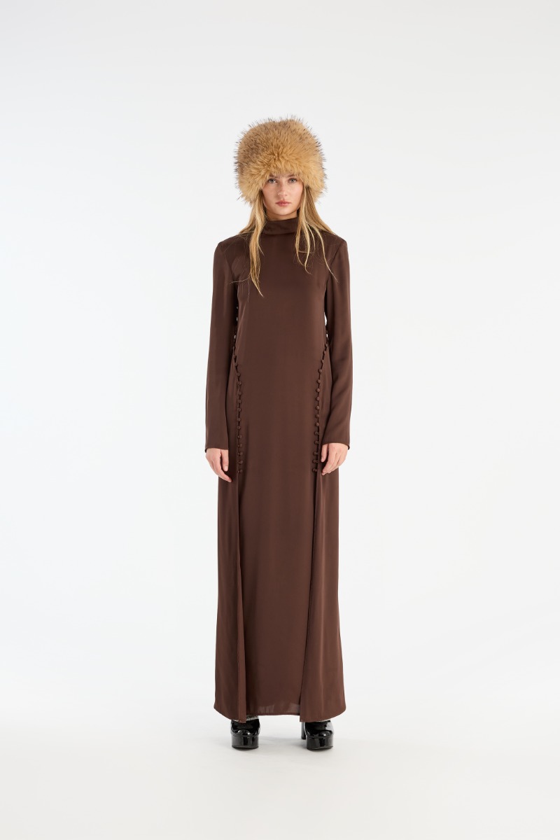 rotate birger christensen Satin Maxi Ls Dress Dark Brown