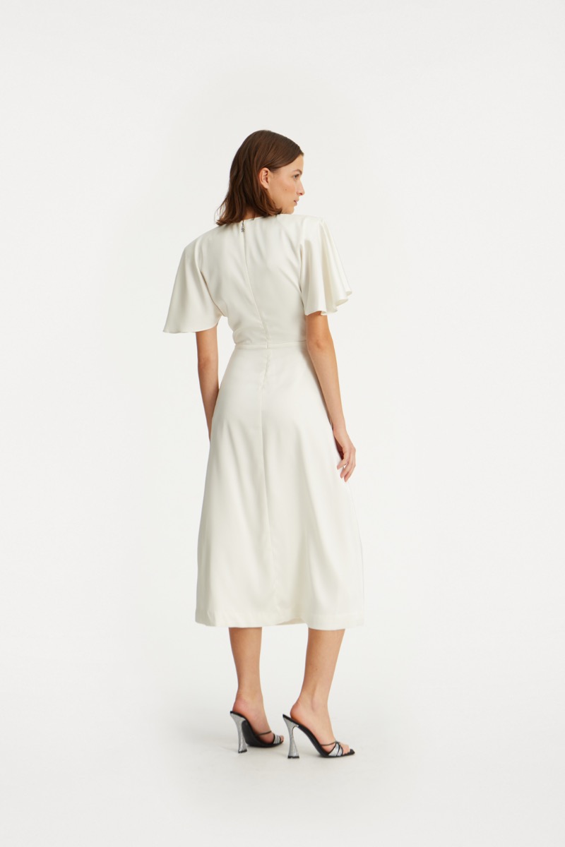 Rotate Birger Christensen Satin Midi Slit Dress Creme White