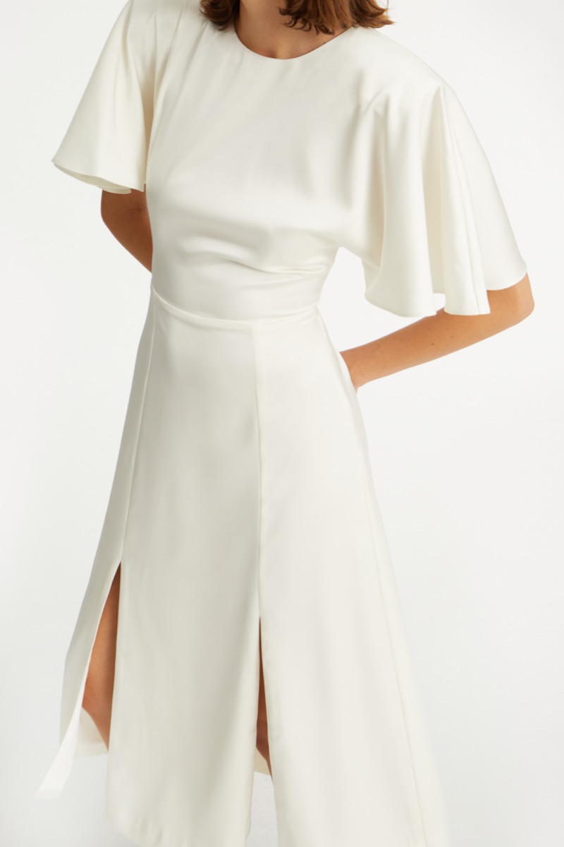 Rotate Birger Christensen Satin Midi Slit Dress Creme White