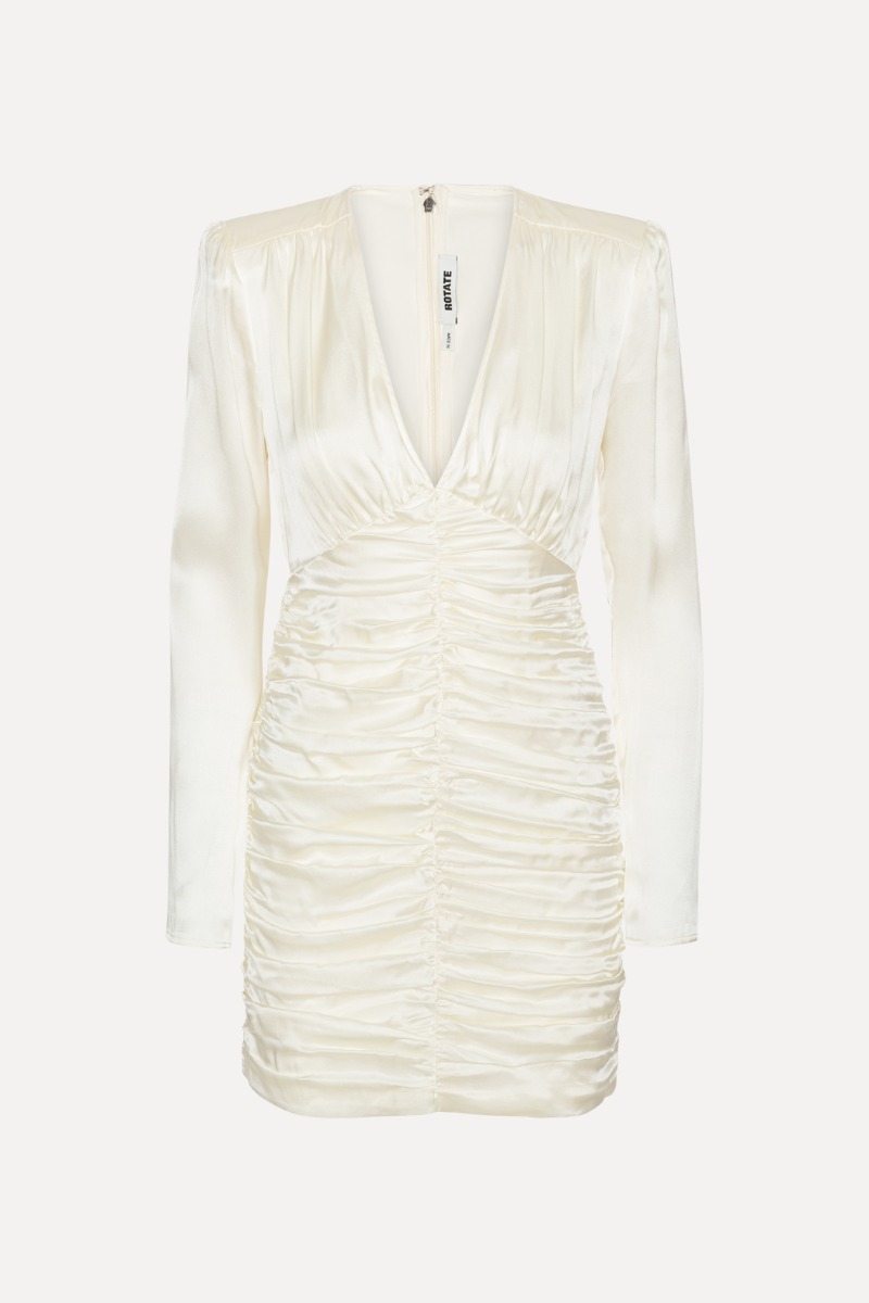 Rotate Birger Christensen Satin Mini Gathered Dress Creme White