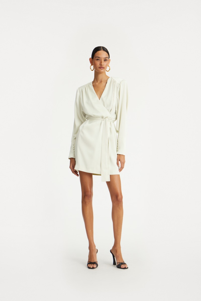 rotate birger christensen Satin Mini Wrap Dress Creme White