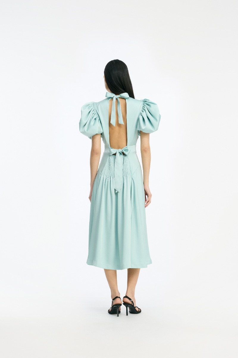 Rotate Birger Christensen Satin Puff Midi Dress Dusty Blue