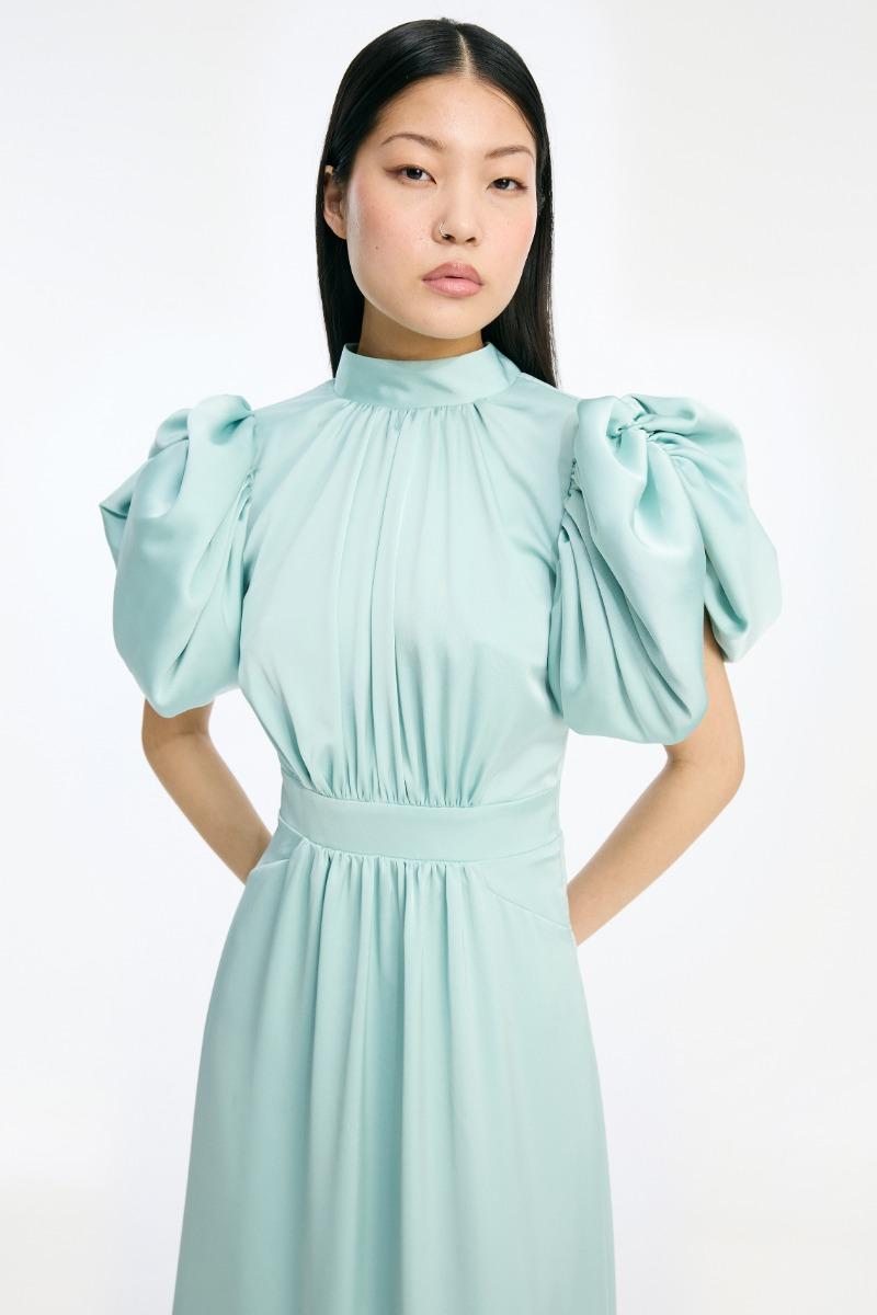 Rotate Birger Christensen Satin Puff Midi Dress Dusty Blue