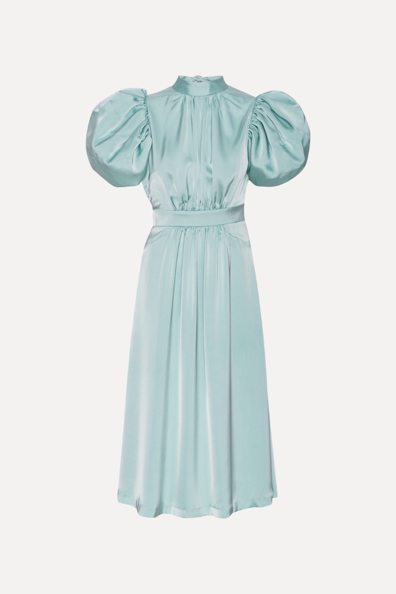 Rotate Birger Christensen Satin Puff Midi Dress Dusty Blue