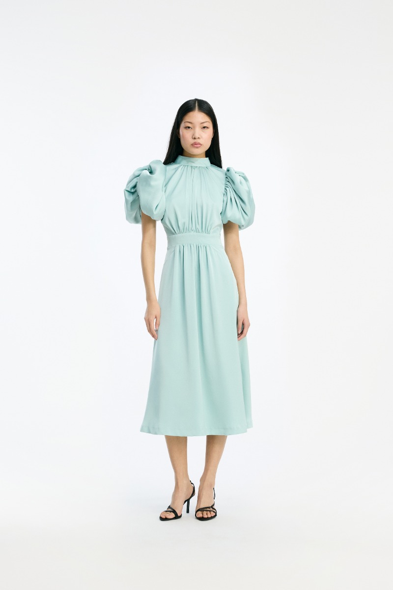rotate birger christensen Satin Puff Midi Dress Dusty Blue