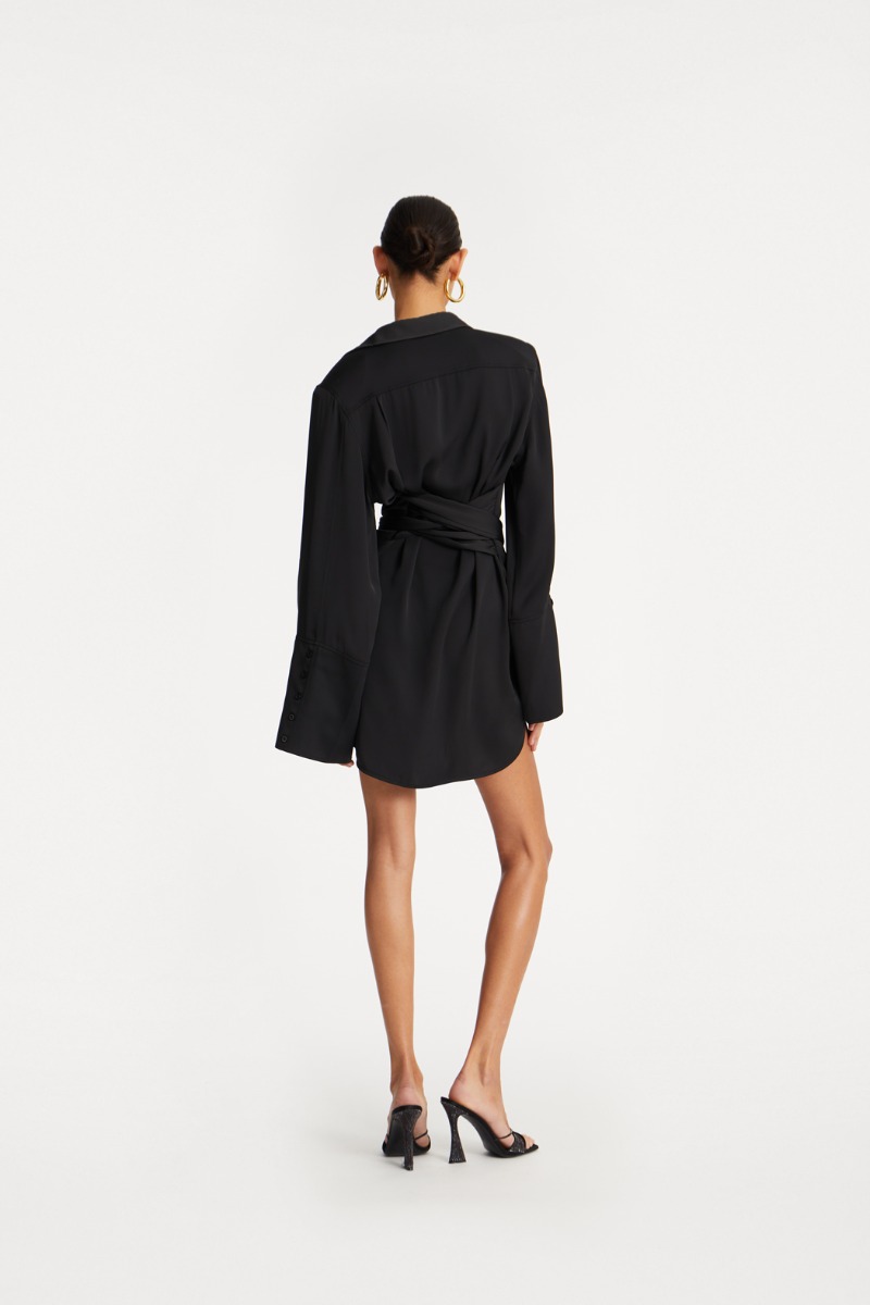 Rotate Birger Christensen Satin Tie Shirt Dress Black