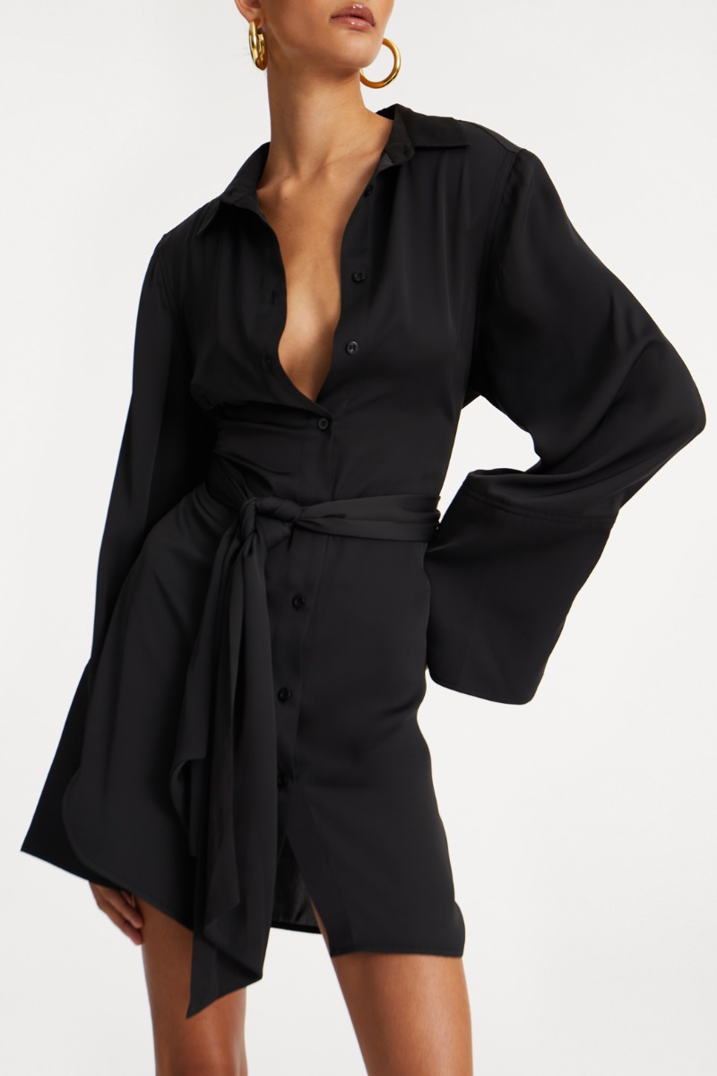 Rotate Birger Christensen Satin Tie Shirt Dress Black