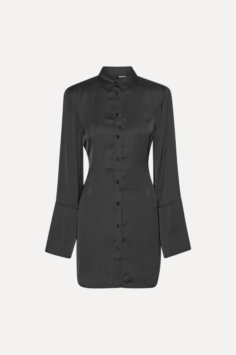 Rotate Birger Christensen Satin Tie Shirt Dress Black