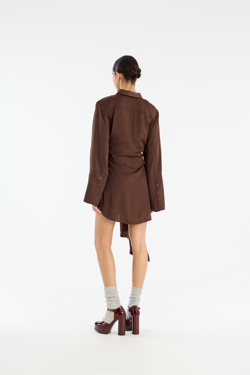 Rotate Birger Christensen Satin Tie Shirt Dress Dark Brown