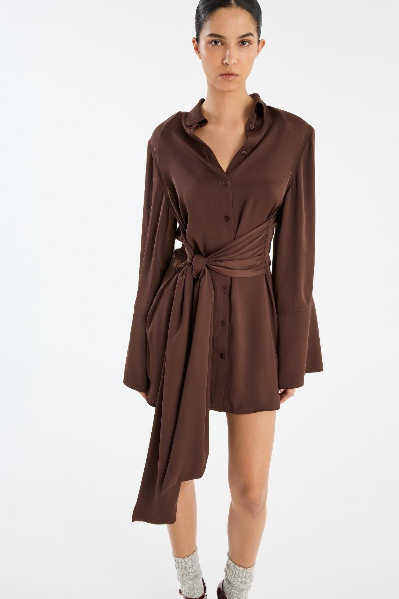 Rotate Birger Christensen Satin Tie Shirt Dress Dark Brown