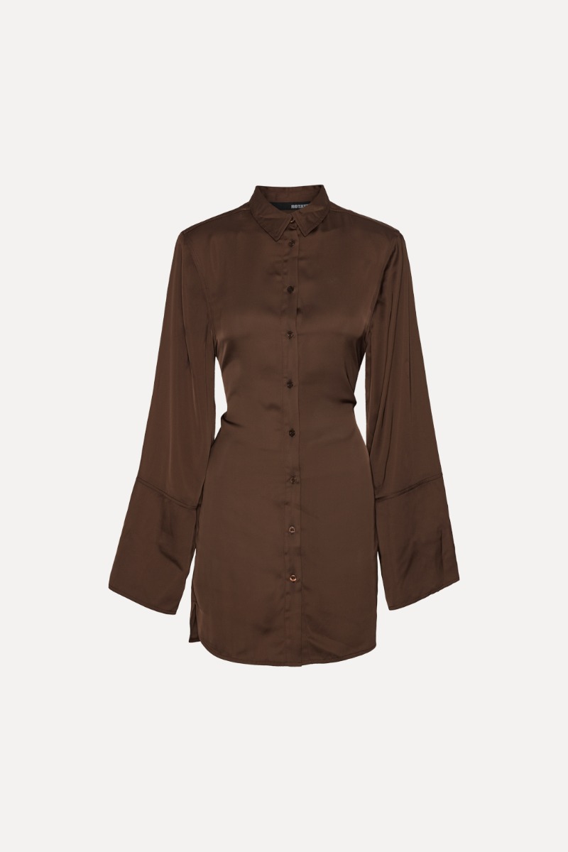 Rotate Birger Christensen Satin Tie Shirt Dress Dark Brown