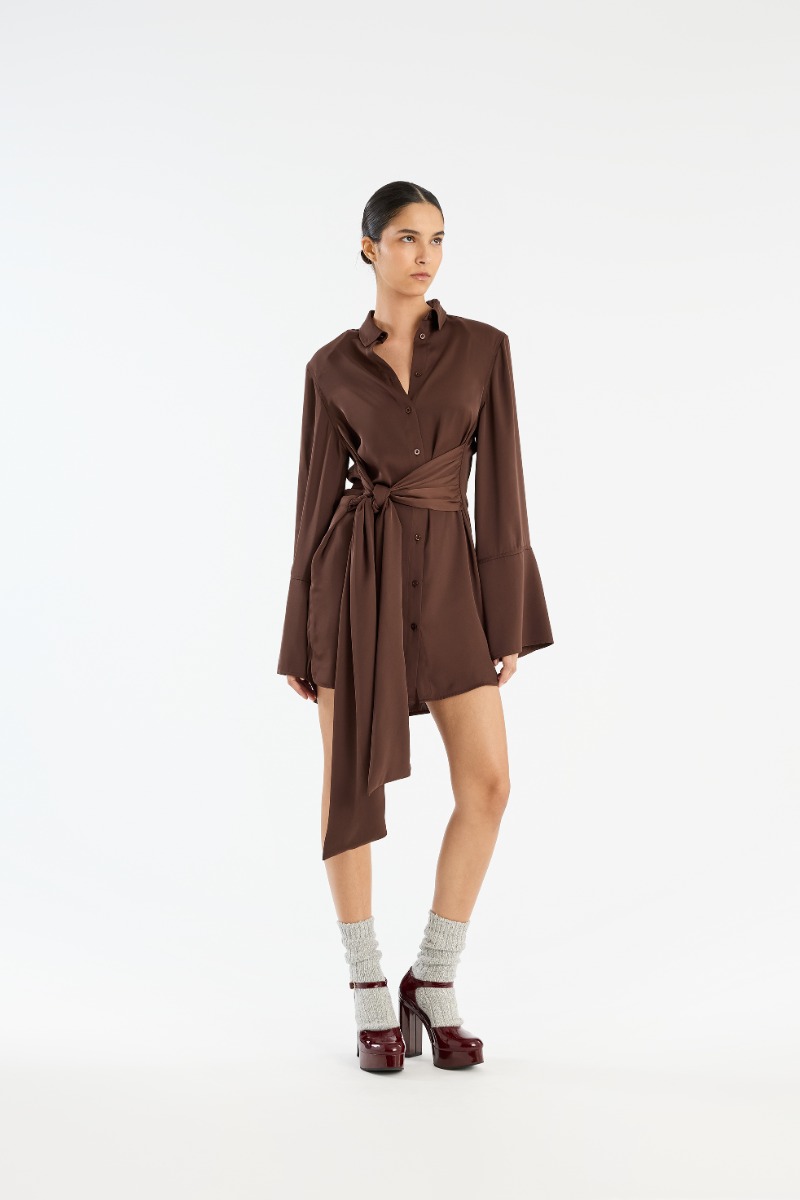 rotate birger christensen Satin Tie Shirt Dress Dark Brown