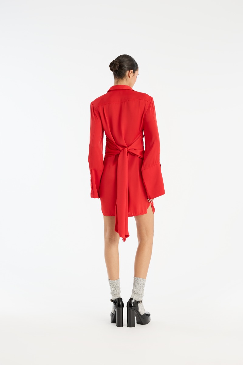 Rotate Birger Christensen Satin Tie Shirt Dress Red