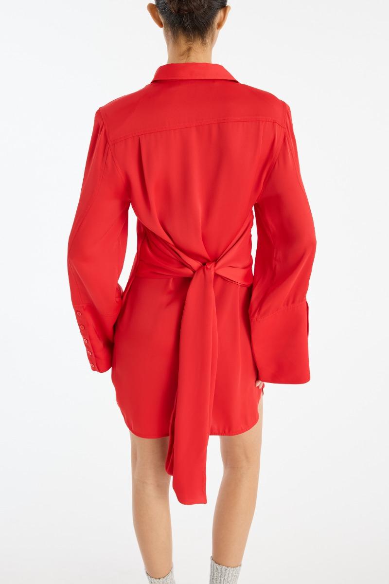 Rotate Birger Christensen Satin Tie Shirt Dress Red