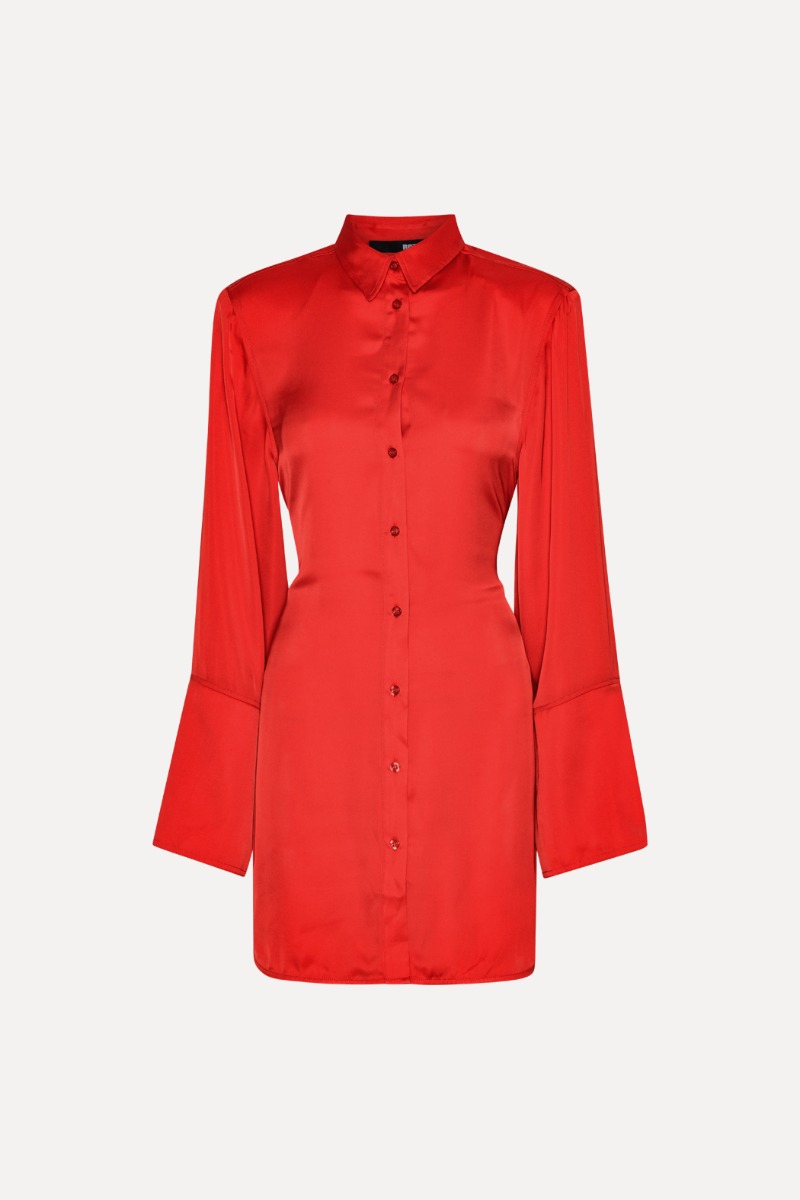 Rotate Birger Christensen Satin Tie Shirt Dress Red
