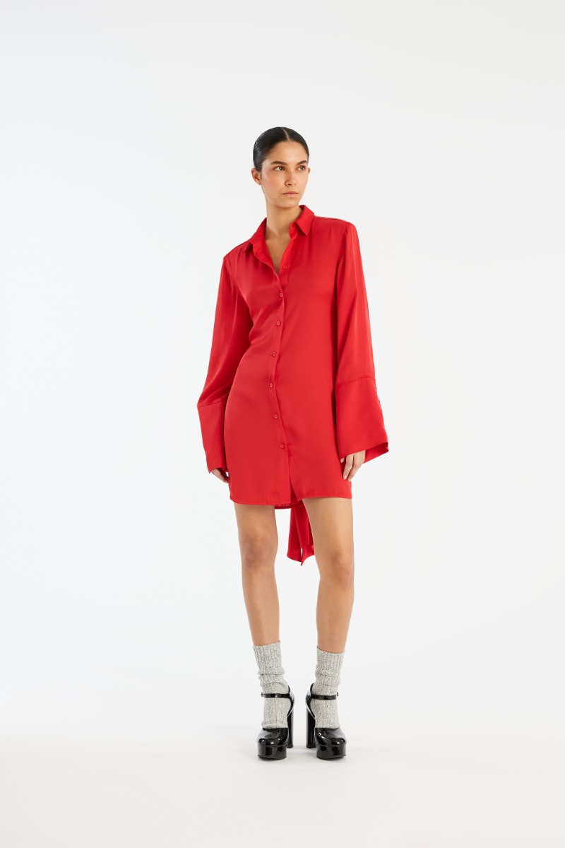rotate birger christensen Satin Tie Shirt Dress Red