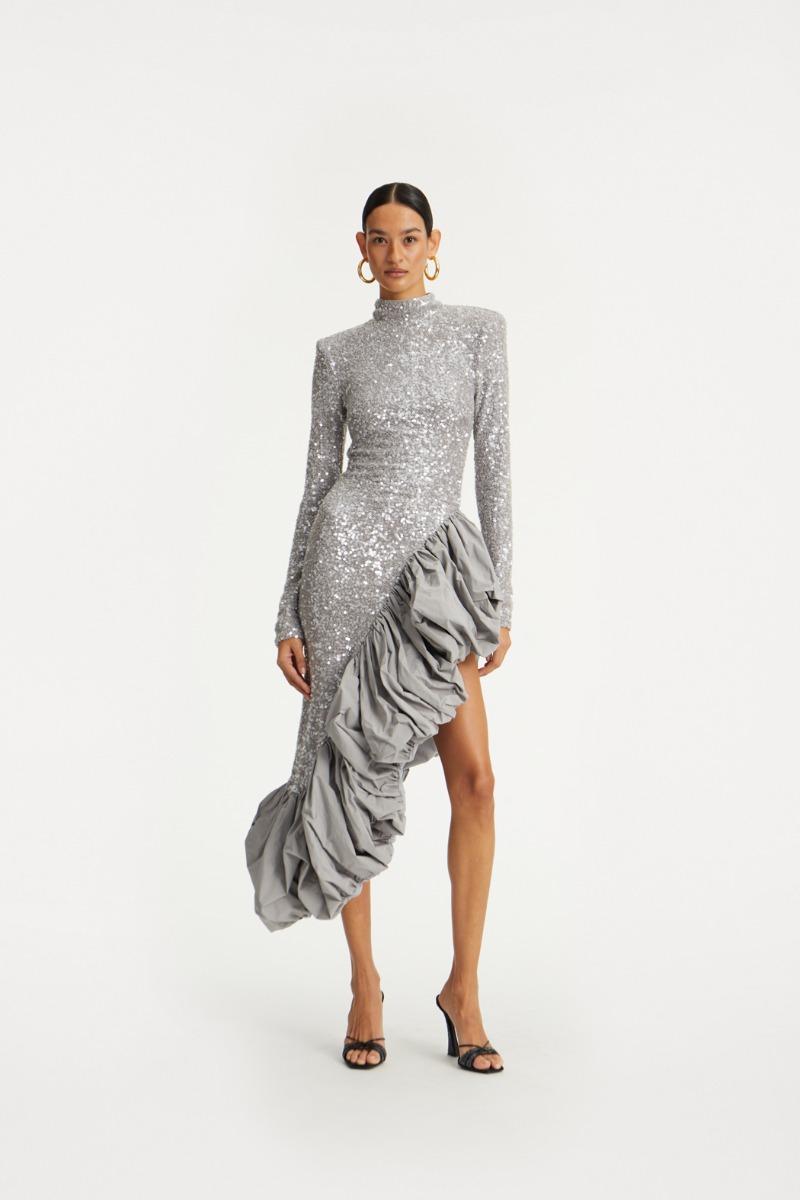 rotate birger christensen Sequin Asymmetric Dress Grey