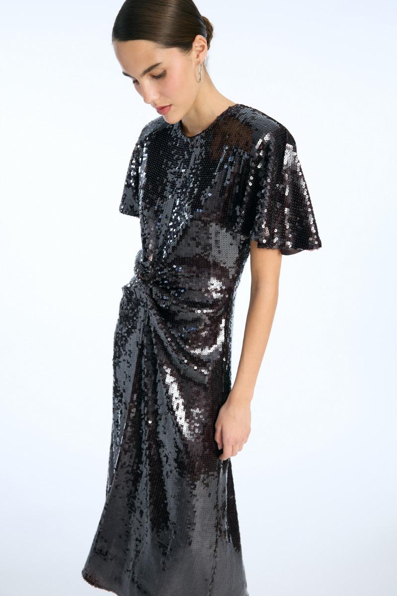 Rotate Birger Christensen Sequin Dress W. Slit Dark Brown