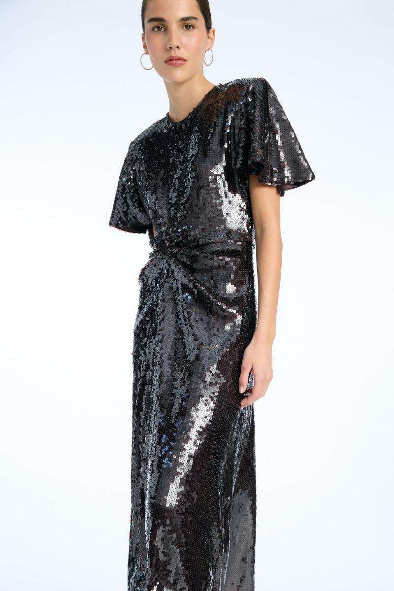 Rotate Birger Christensen Sequin Dress W. Slit Dark Brown