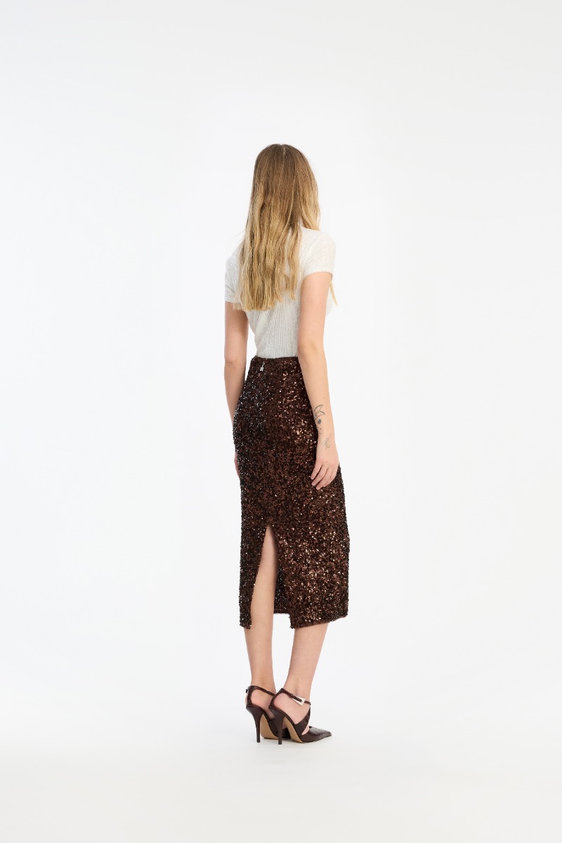 Rotate Birger Christensen Sequin Pencil Skirt Dark Brown