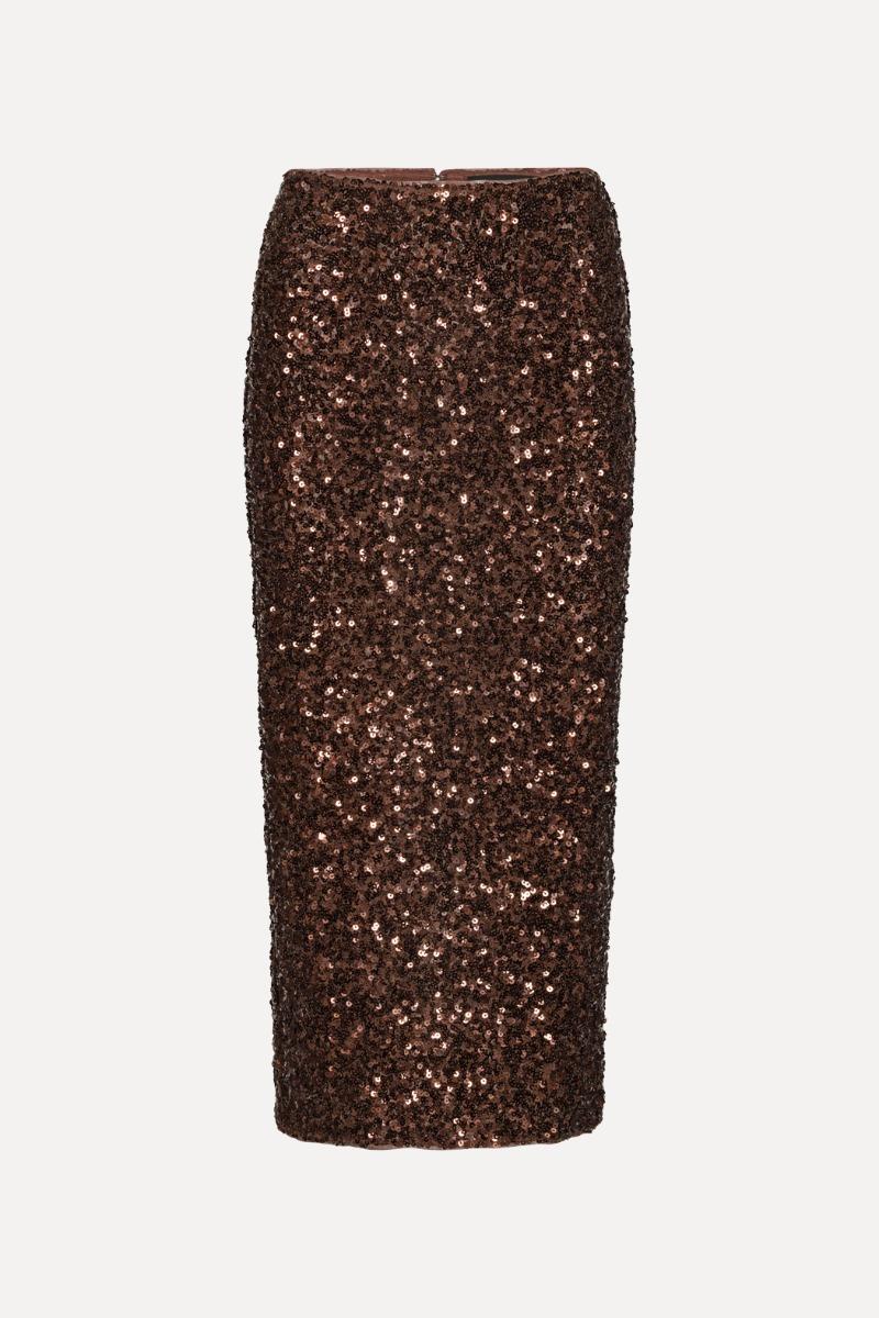 Rotate Birger Christensen Sequin Pencil Skirt Dark Brown