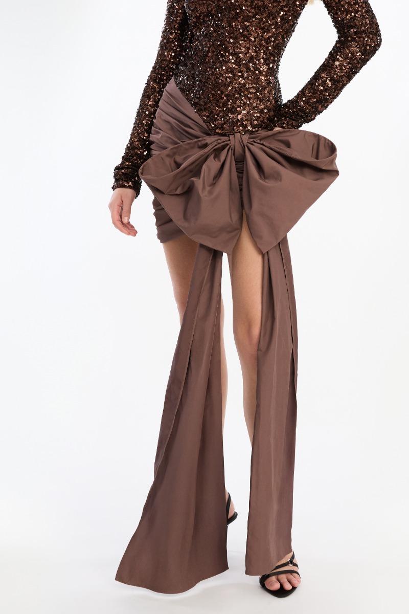 Rotate Birger Christensen Sequins Bow Mini Dress Dark Brown